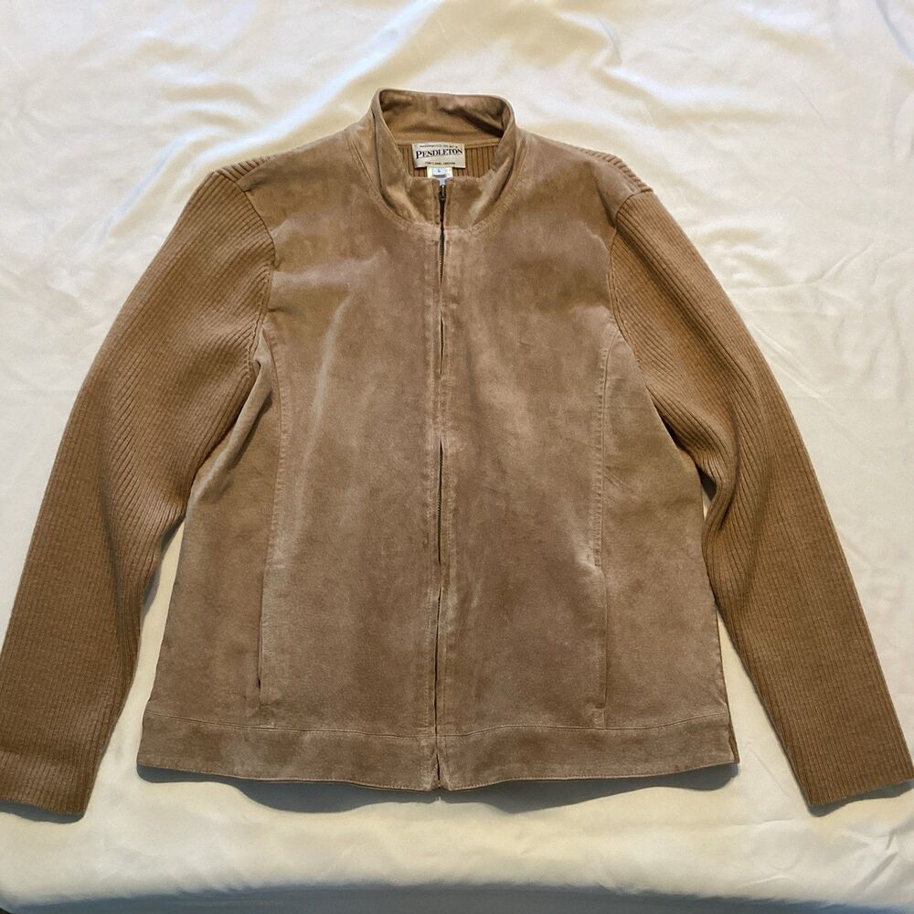 pendeleton jacket women’s L camel brown suede wool rib knit front zip